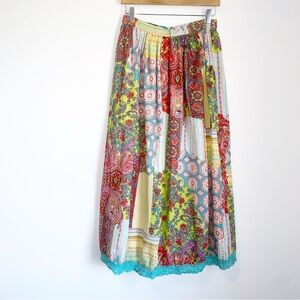 Choices Colorful Patchwork Print Maxi Skirt with Crochet Trim